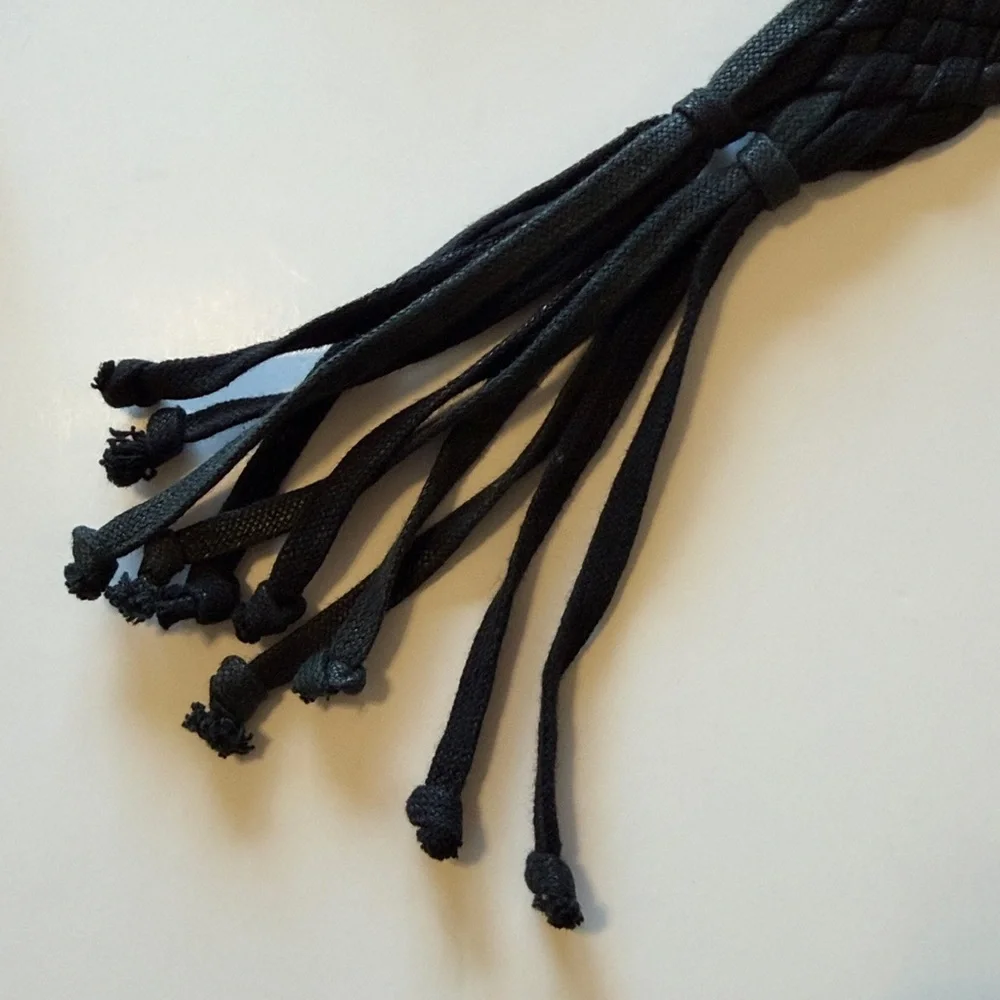 Handmade woven belt with tassle, black, coated cotton rope, size M